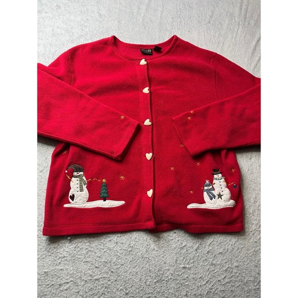C&B Sport by Croft & Barrow Sweaters - C&B Sport Red Fleece Snowman Embroidered Button Up Cardigan Sweater Women L VTG